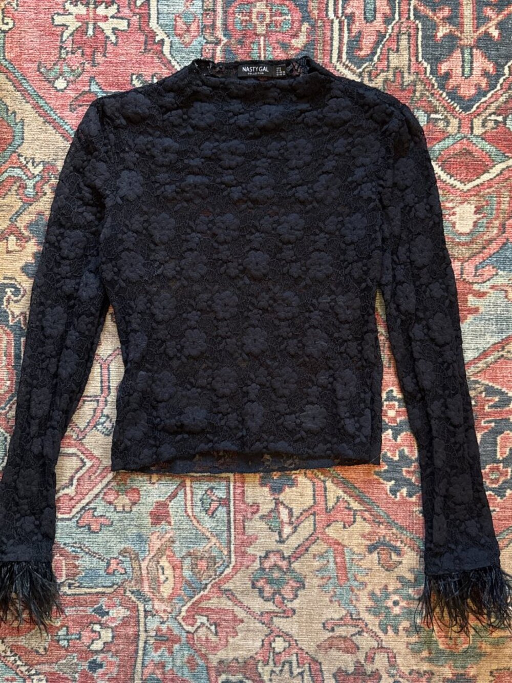 Nasty Gal Black lace long sleeve top with feather trim